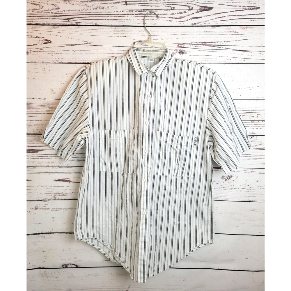 Vtg‎ Cherokee White Gray 2-Striped Pockets Button Down Shirt Women's Size Medium